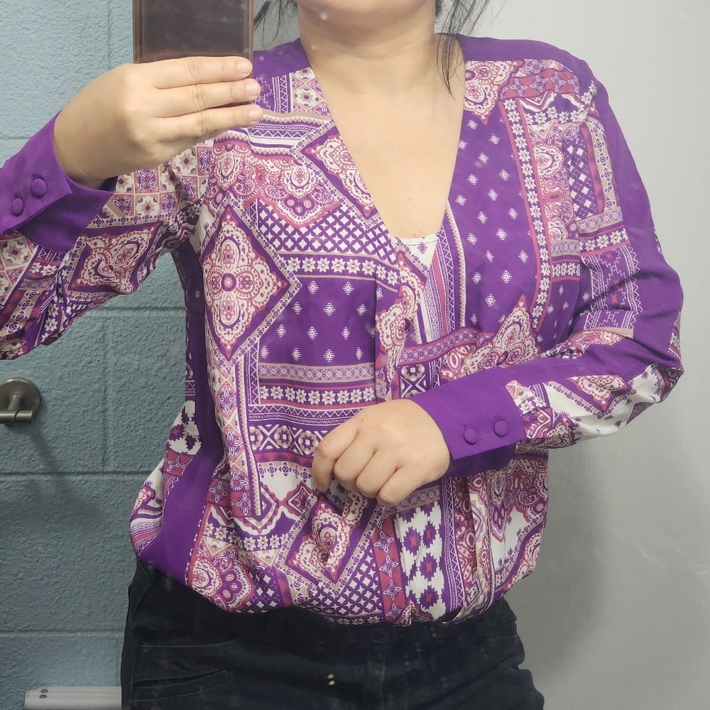 IMAN purple draped v neck paisley geometric blouse NWT